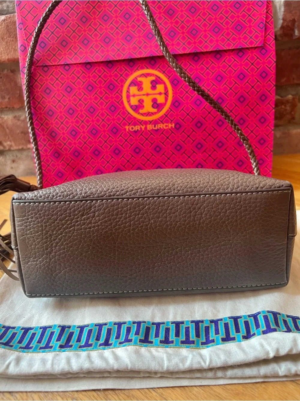 Tory Burch Brown Taupe Silver Maple Taylor Camera Crossbody Shoulder Bag